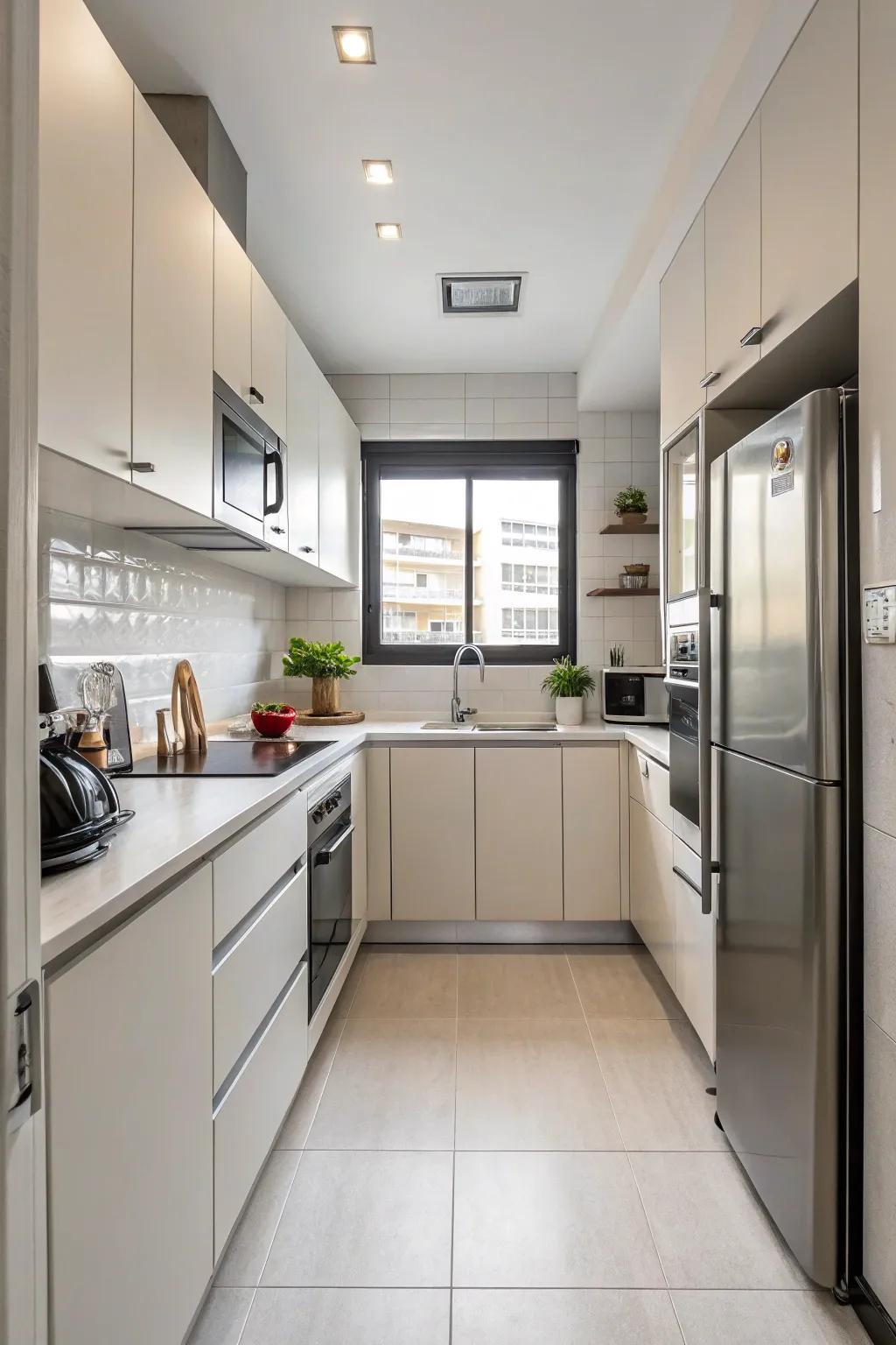 An efficient layout ensures optimal practicality in a compact kitchen.