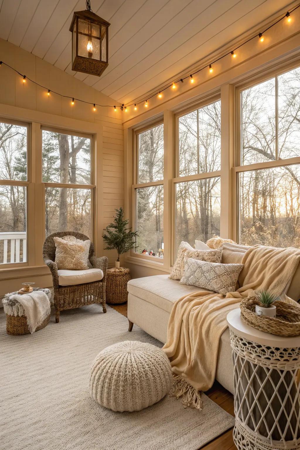 Warm beige walls creating a comfortable and inviting sunroom space.