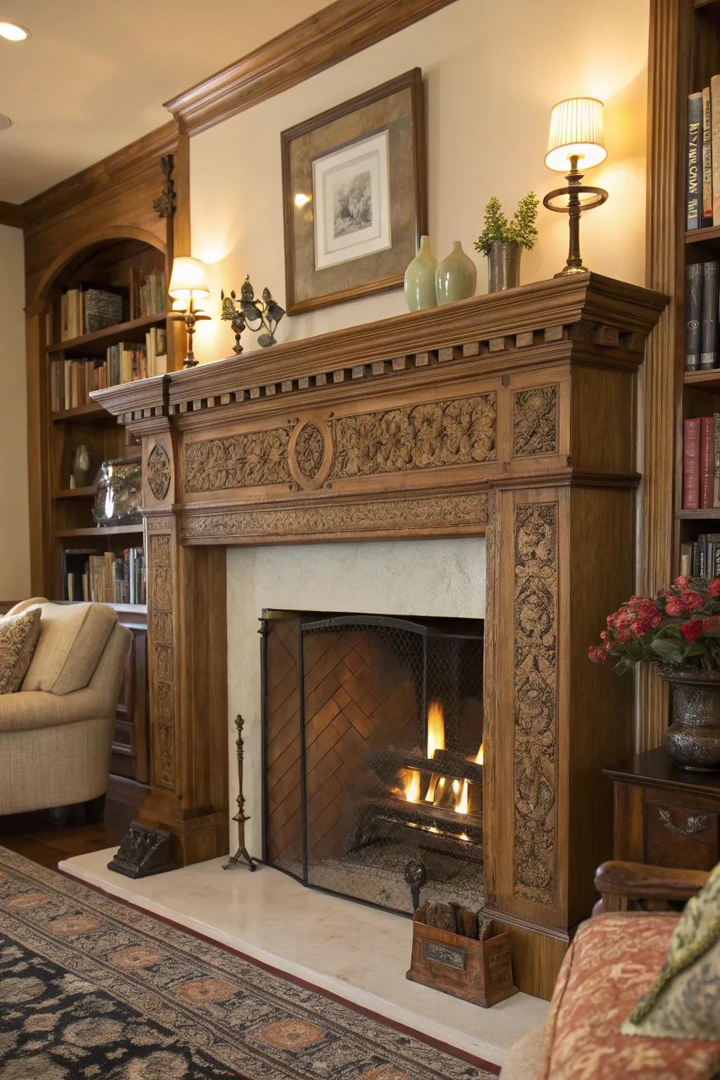 A sculpted timber mantel radiates warmth in the fireplace.