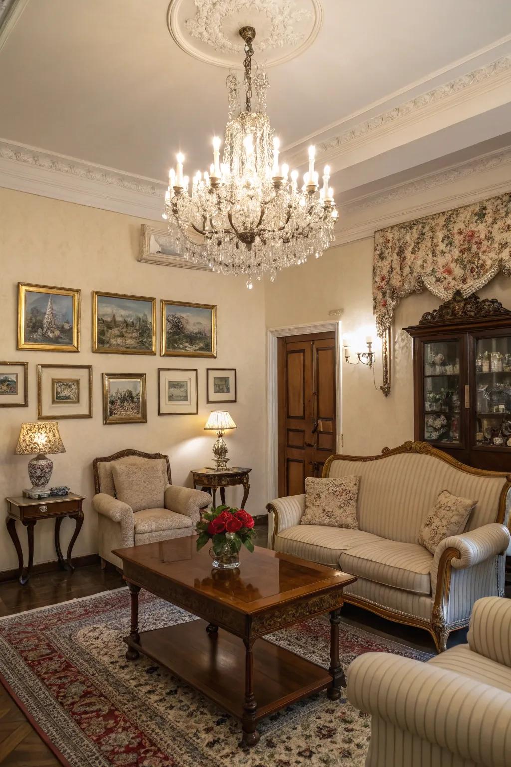 Elegant lighting installations incorporate sophistication into a traditional family room.