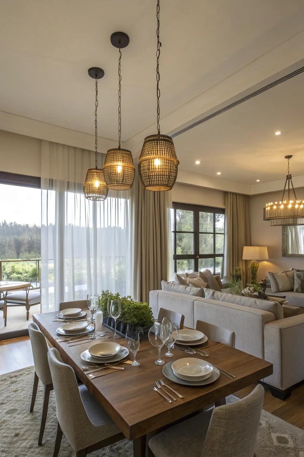 Pendant lights define the dining area in an open floor plan.