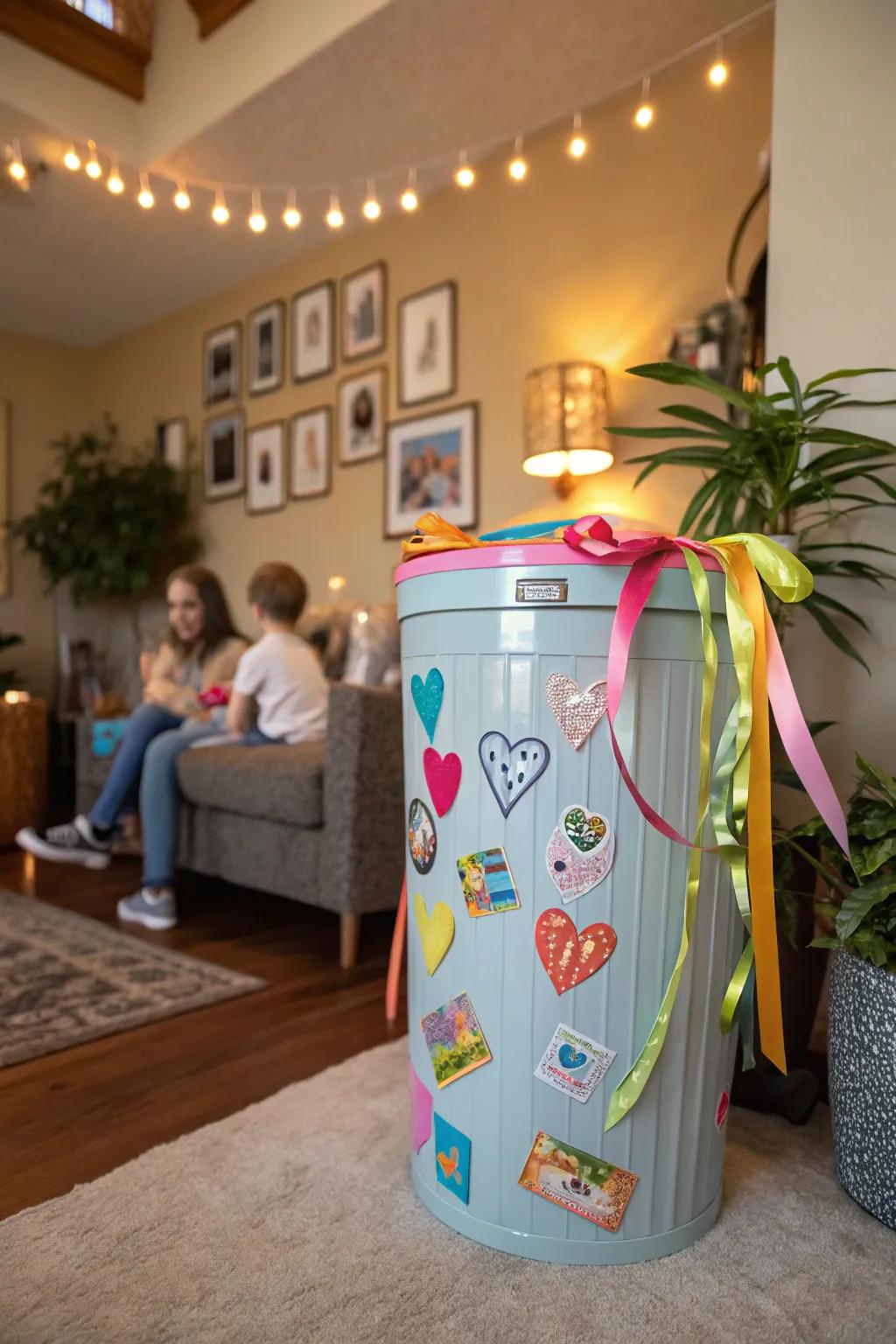 A creatively decorated trash can adding personality to a home.