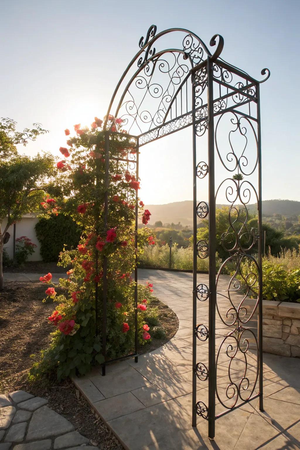 Elevate your garden with a decorative iron trellis, where art meets nature in perfect harmony.