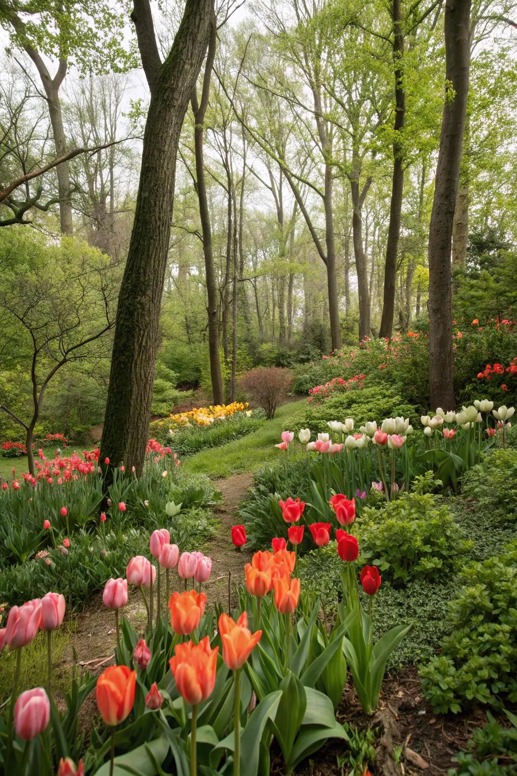 Tulips blooming naturally among trees and shrubs in a woodland garden setting.