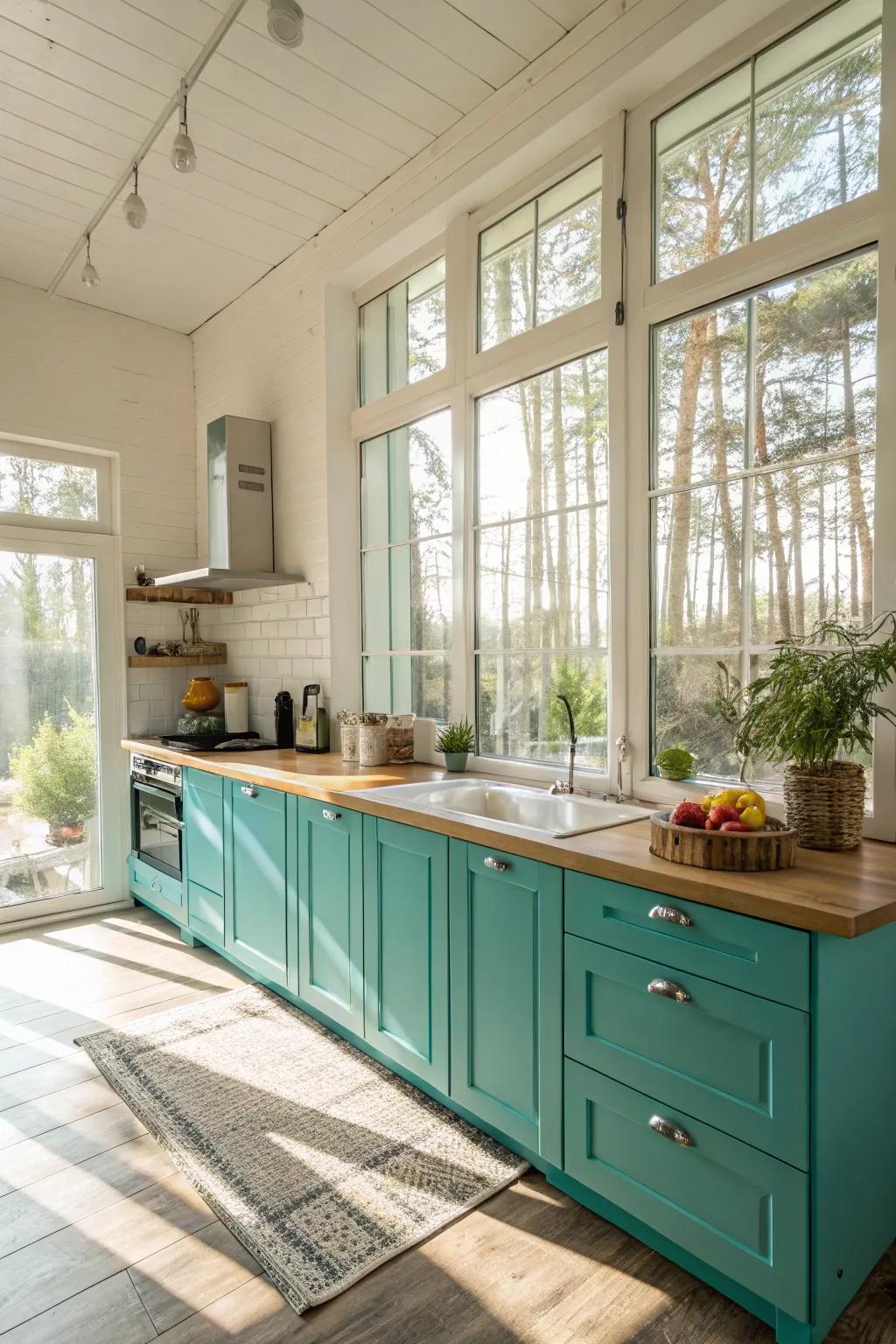 Natural illumination enhancing the vibrancy of turquoise kitchen cabinets.