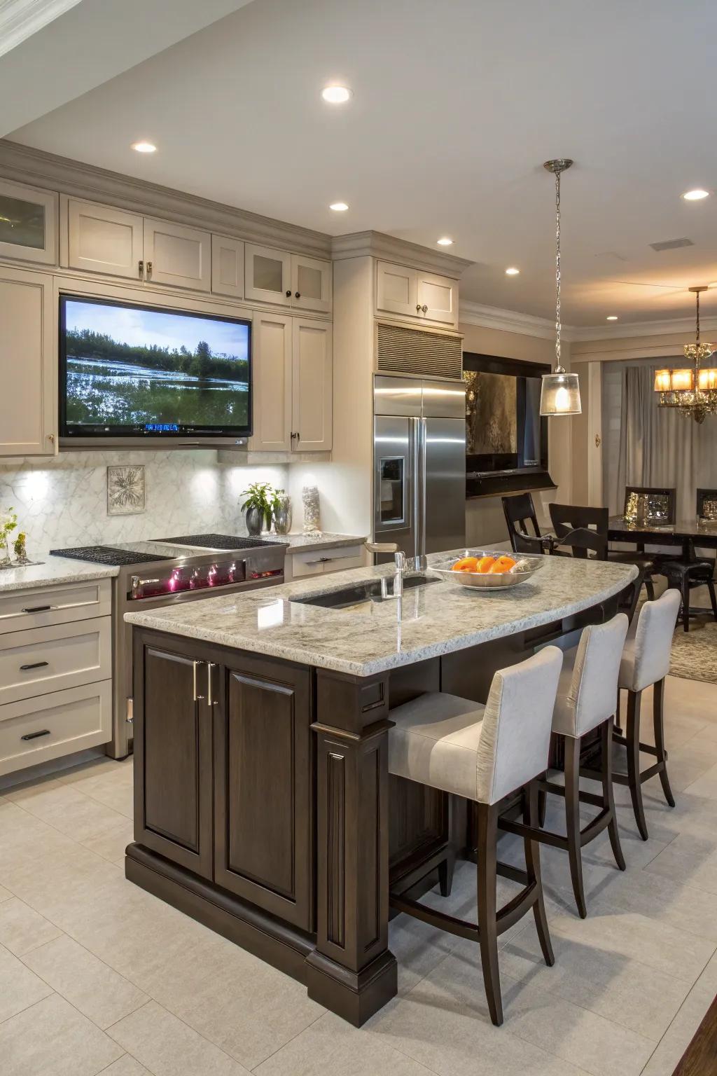 A kitchen's central unit featuring a built-in TV, which creates a central entertainment spot.