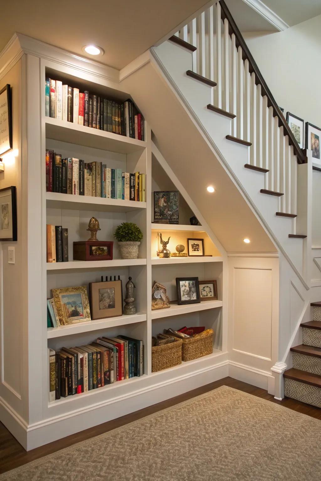Functional and stylish built-in bookshelves under the stairs.