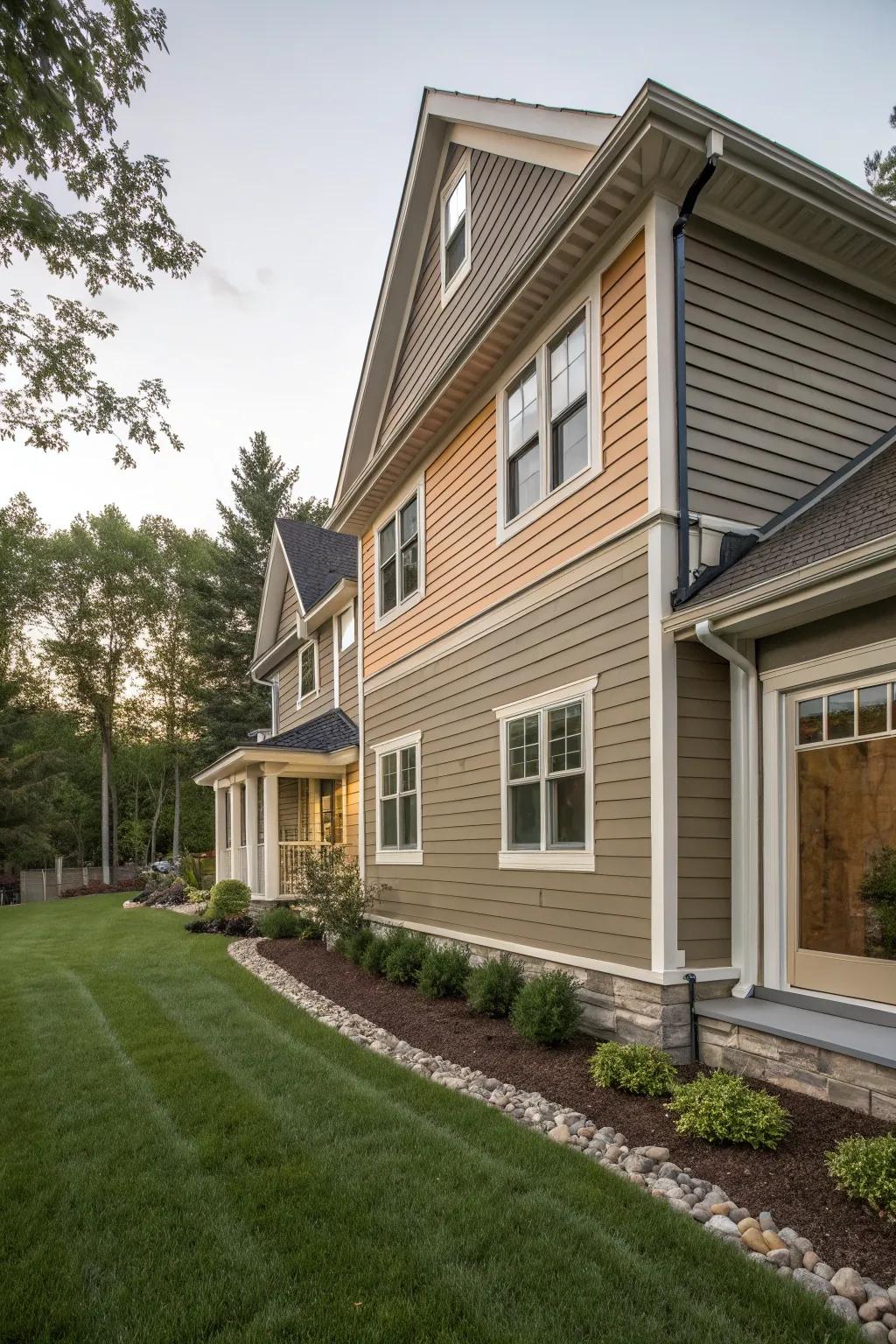 A home with a mix of vertical and horizontal siding patterns.