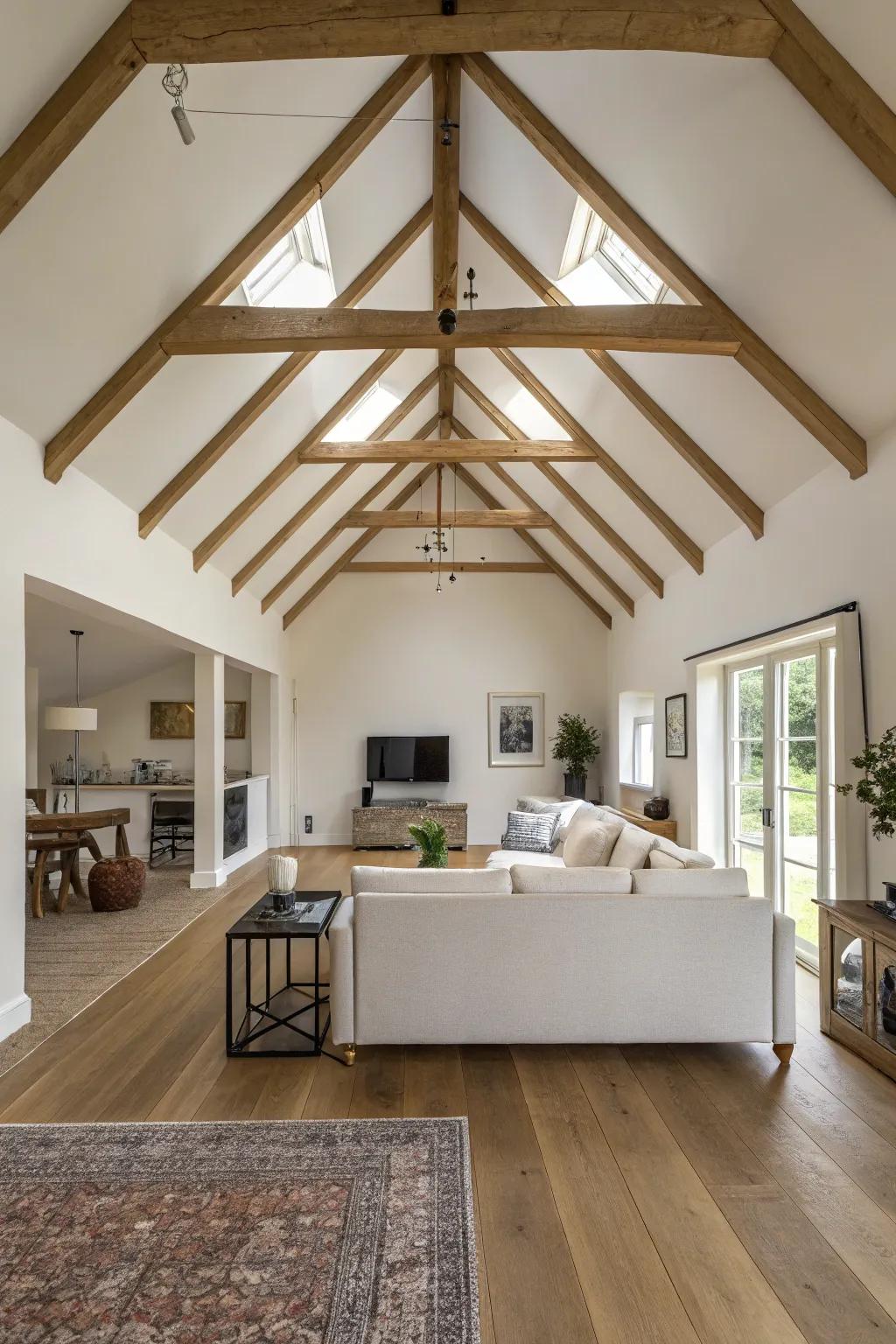 Contemporary minimalism is realized with narrow beams on a vaulted ceiling.