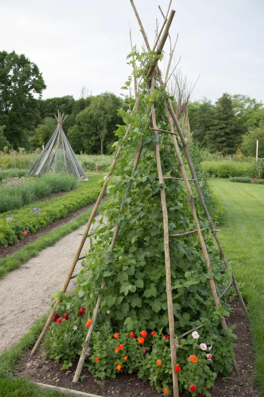 Teepee trellises offer a whimsical touch to your garden.