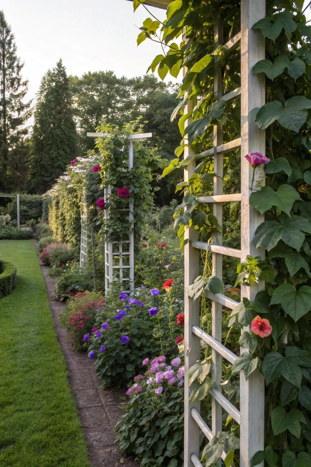 Vertical aids enhance aesthetic charm and efficient space usage within an edible garden.