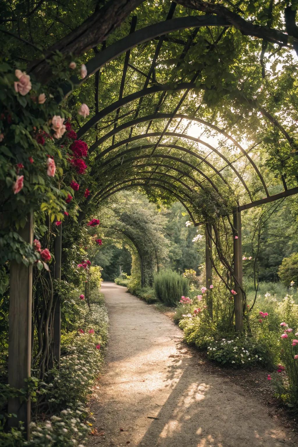 Branch trellis arches present a whimsical, storybook sensation to garden pathways.