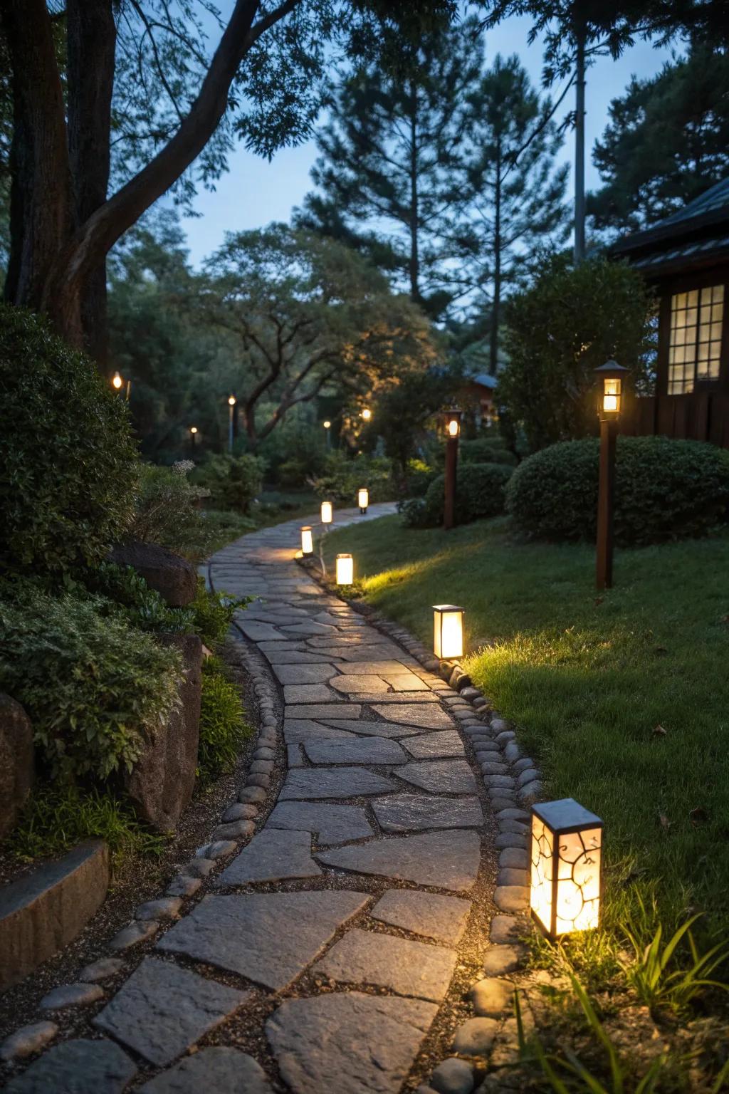 A beautifully lit walkway that creates a warm and inviting atmosphere at night.