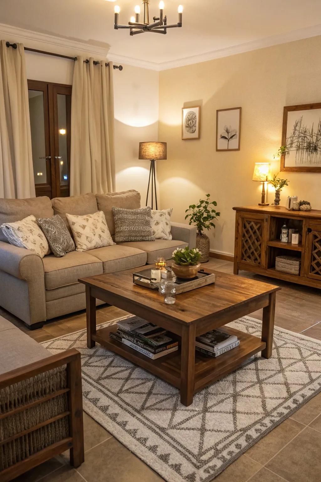 In a living room, functional furniture balances style and practicality.