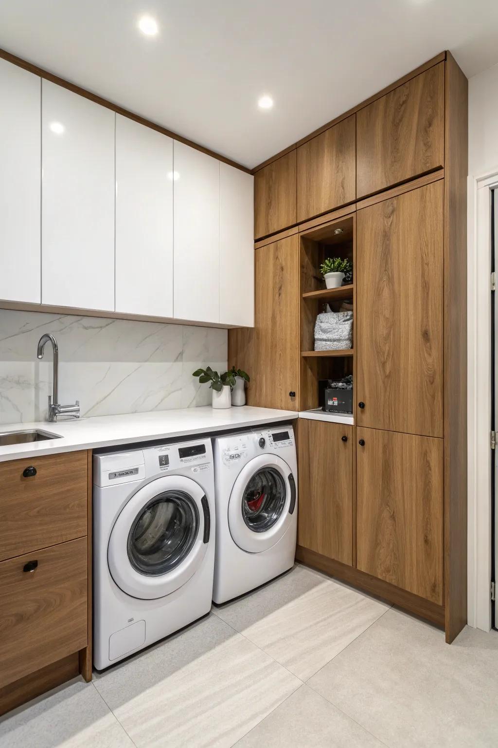 Efficient use of a kitchen corner for a washer and dryer setup.