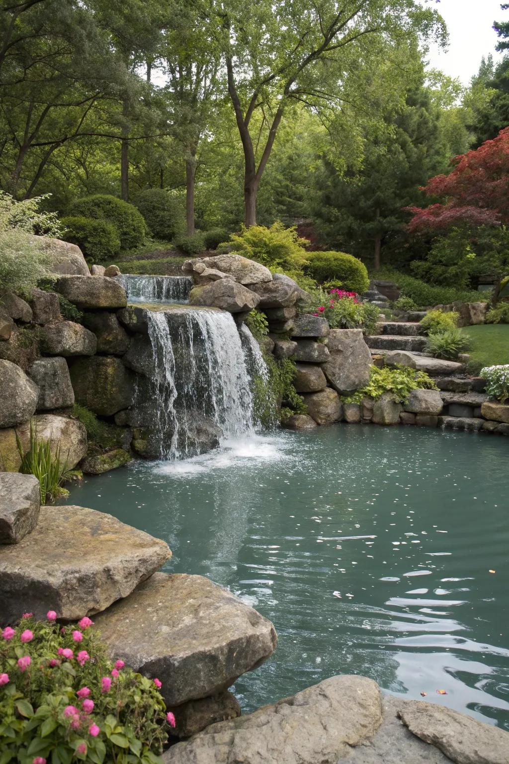 A placid garden pond featuring a stone cascade tenderly emptying into it.