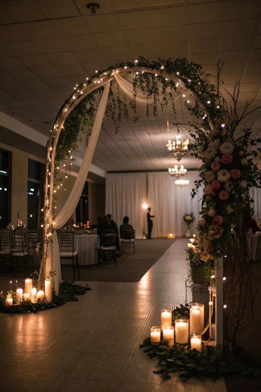 Romantic lighting with string lights creates a magical glow.