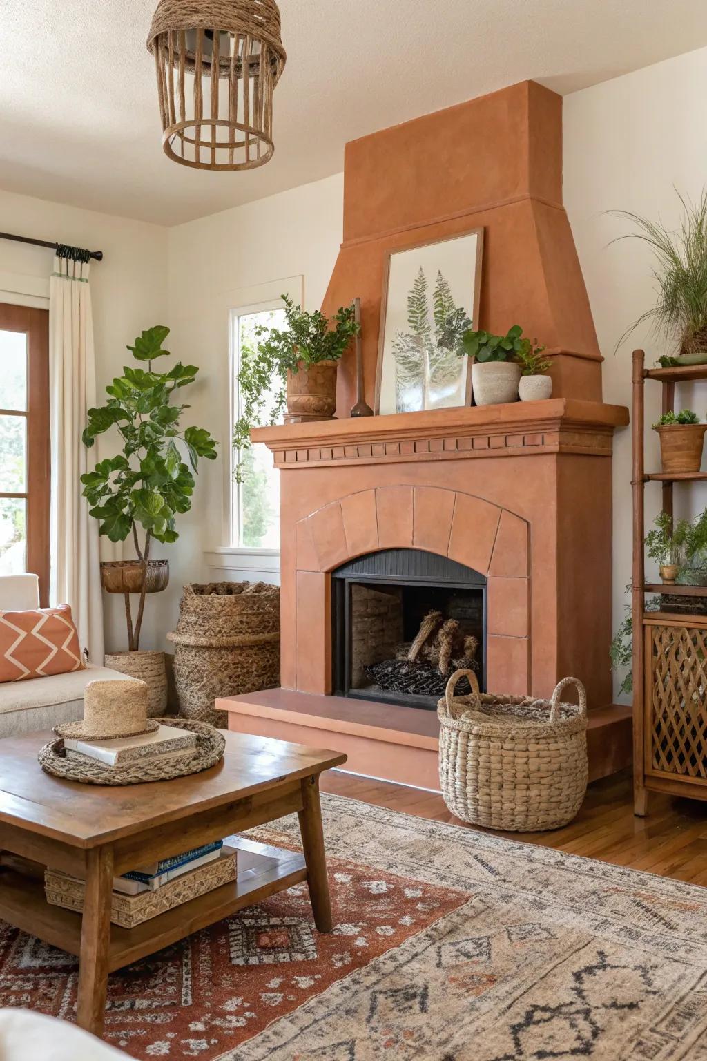 A terracotta fireplace brings warmth and an earthy feel to this inviting room.
