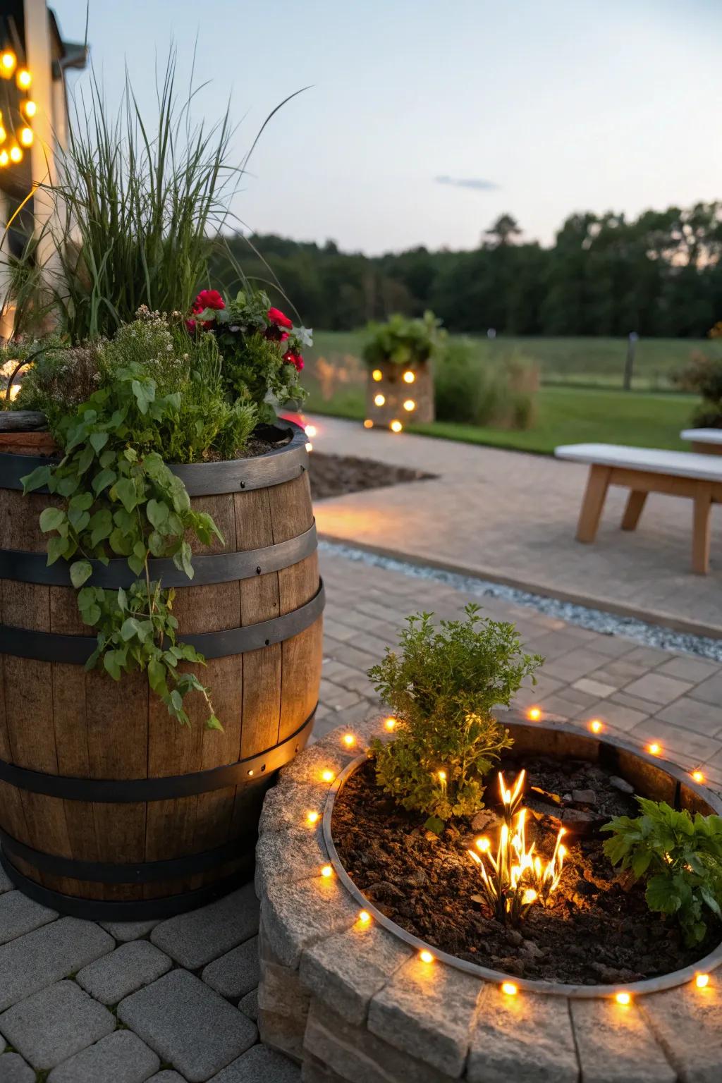 A cozy fire pit highlighted by a cask planter and illuminating diode lights.