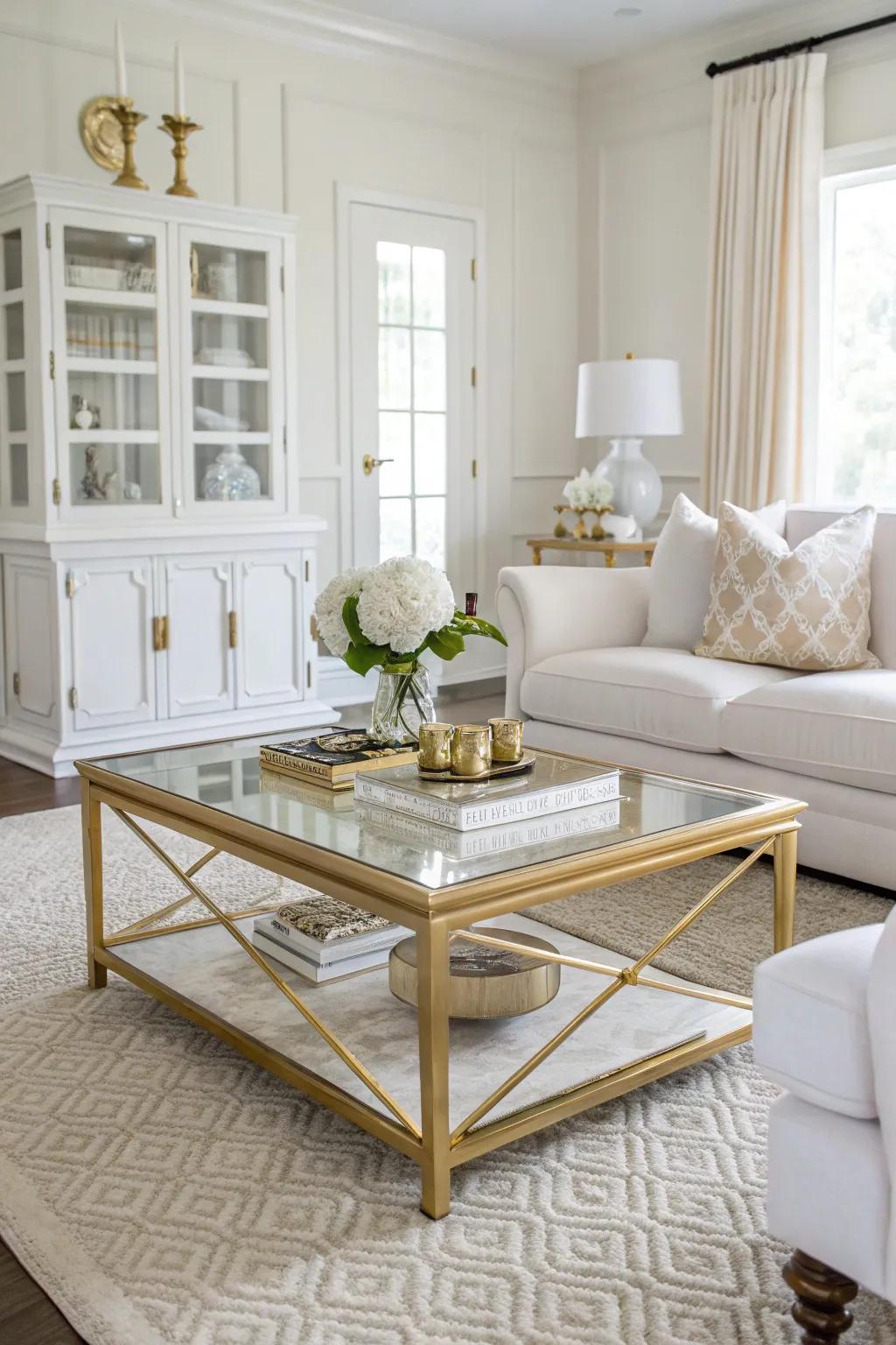 A gold-tipped coffee table serves as a stylish centerpiece.