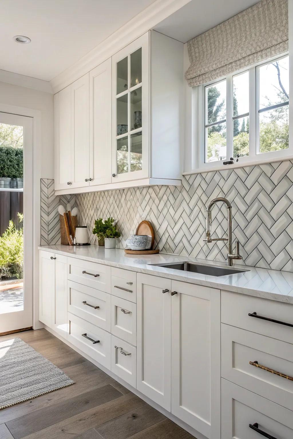 Chevron arrangements contributing a fashionable dynamism to white cabinets.