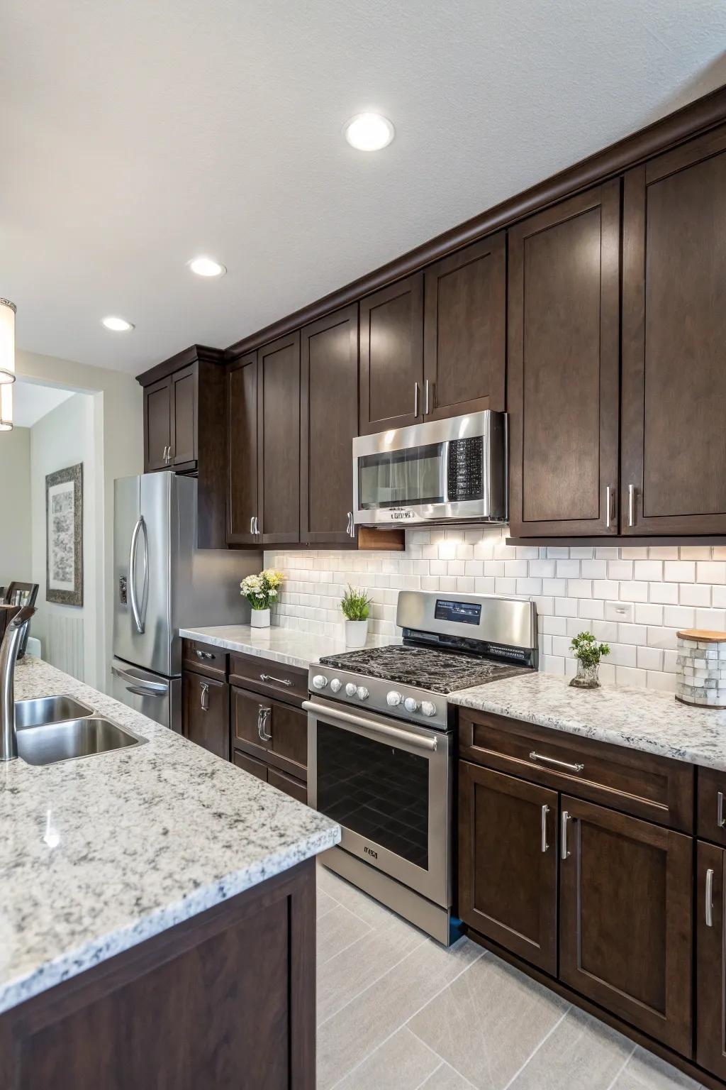 Shadowy cabinetry highlights the delicate elegance of frosty quartz.