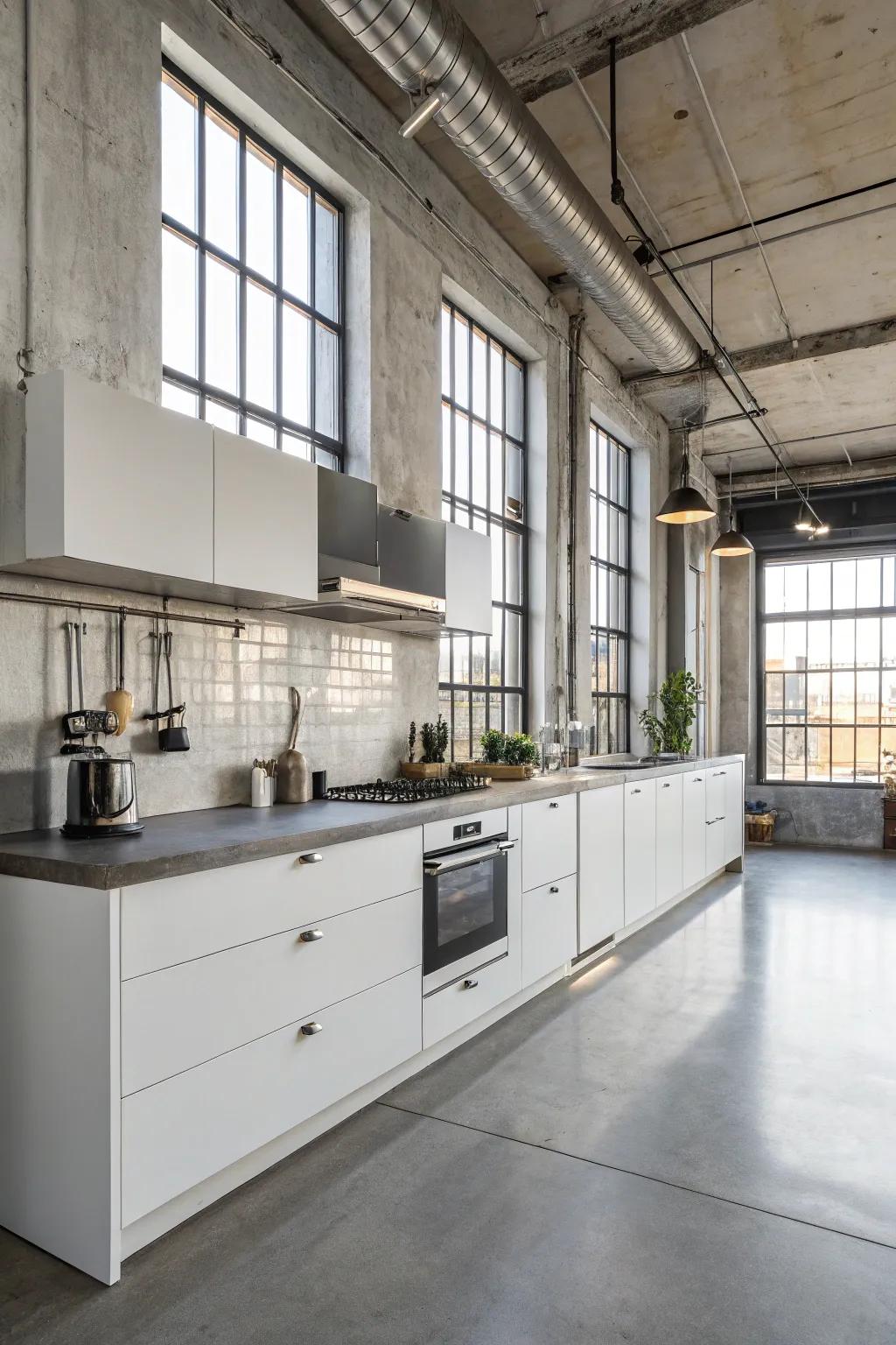 Concrete countertops bring an industrial chic vibe to this kitchen.