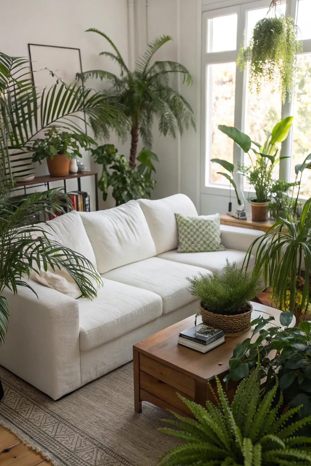 Lush greenery enhances a white sectional.