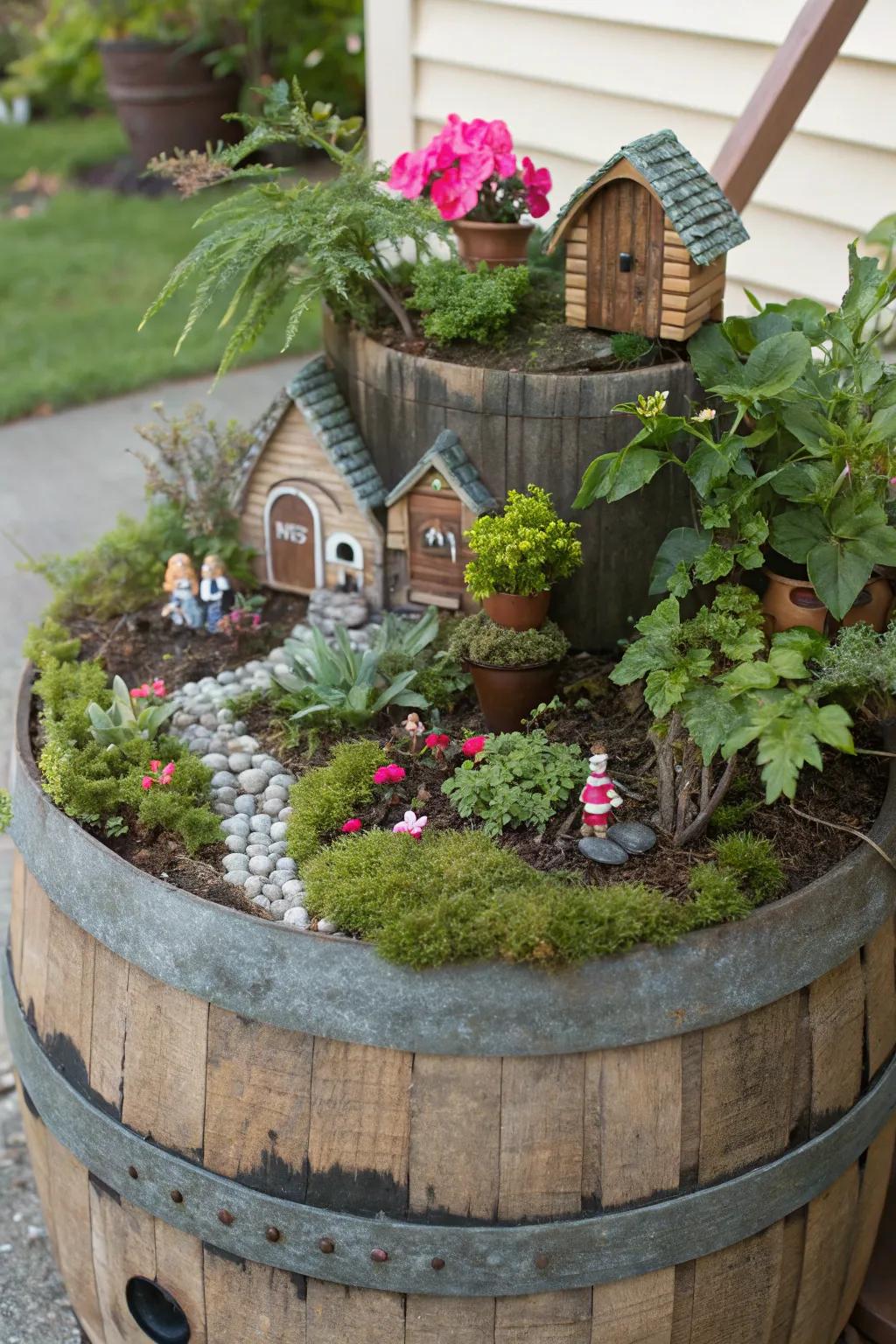 A whimsical fairy garden within a wine barrel.