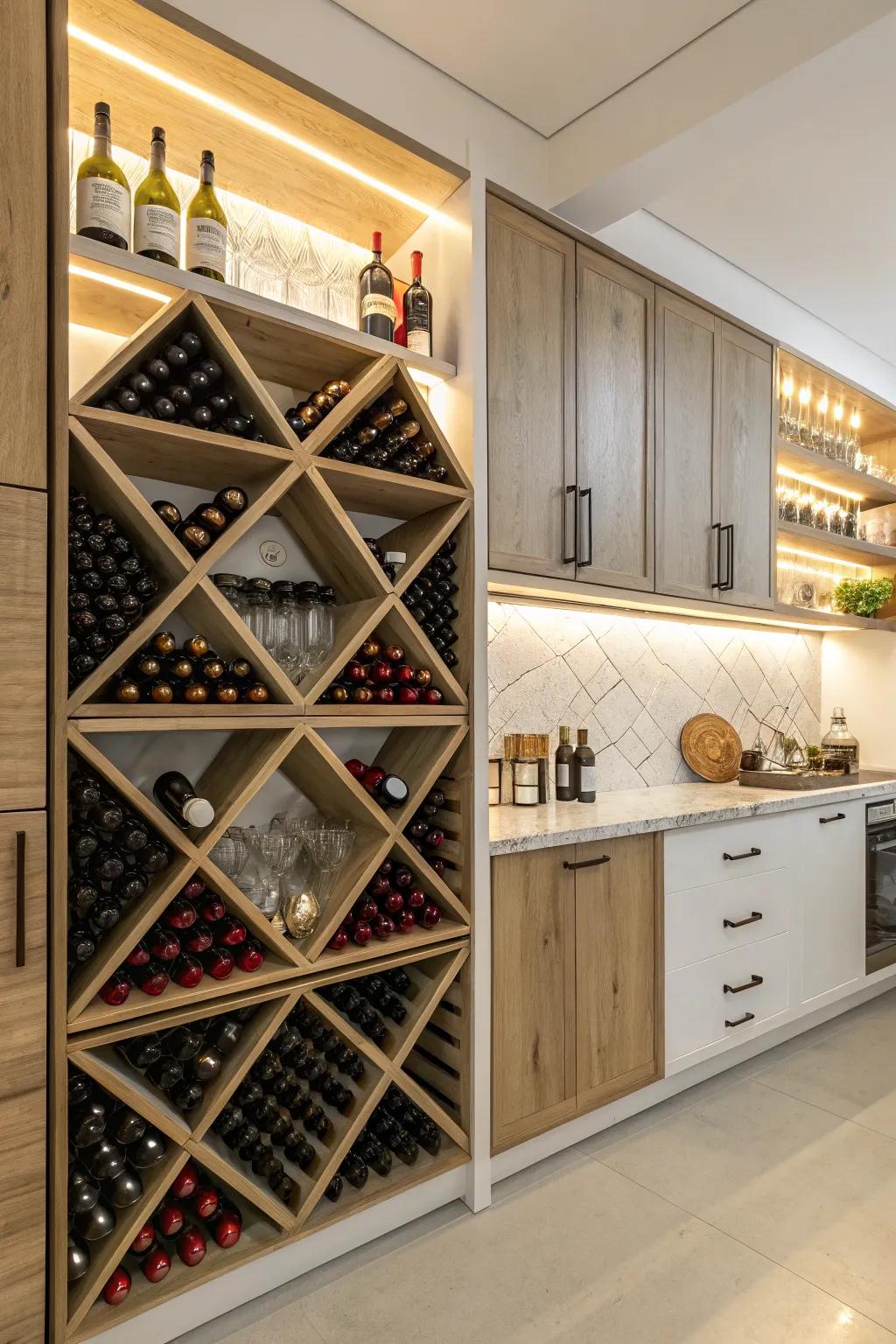 Crisscross shelving blends aesthetic with functionality.