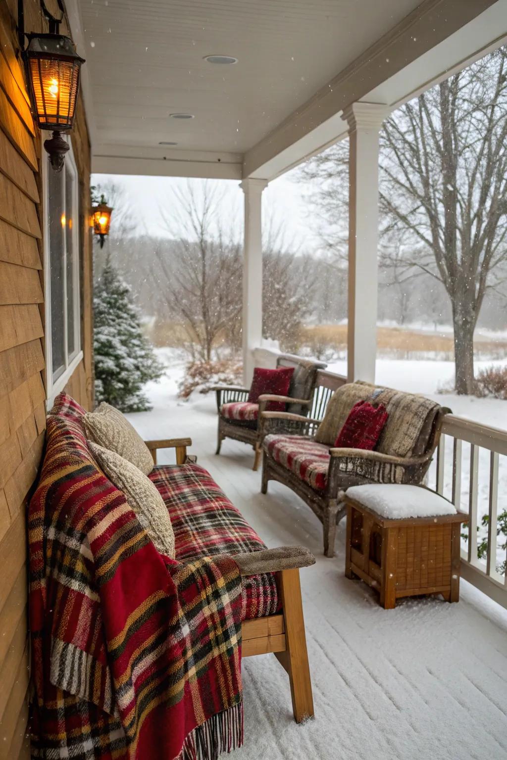 Inviting soft furnishings adorn a winter porch seating area.