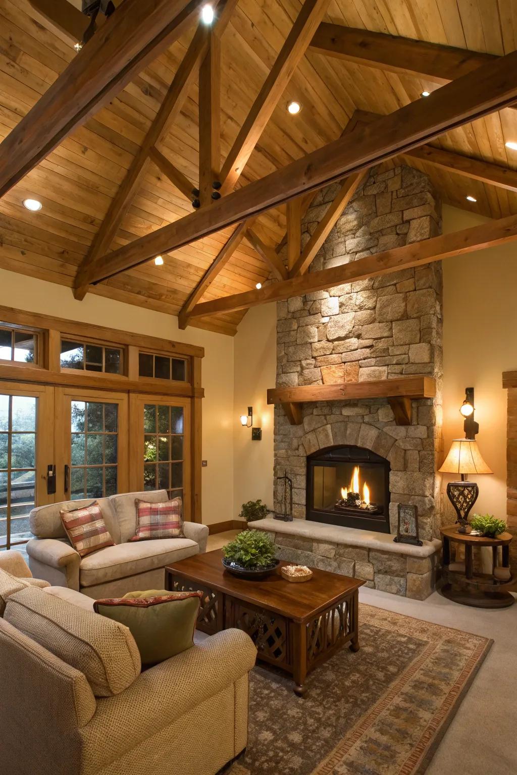 A snug living area featuring a fireplace and wooden beams.