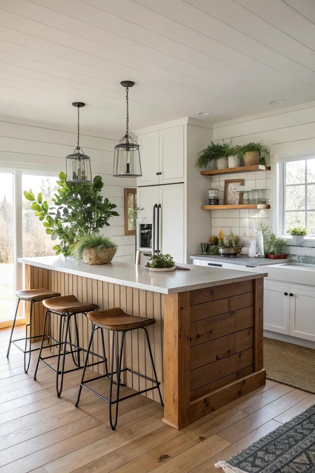 Shiplap paneling adds a coastal charm to this inviting kitchen island.