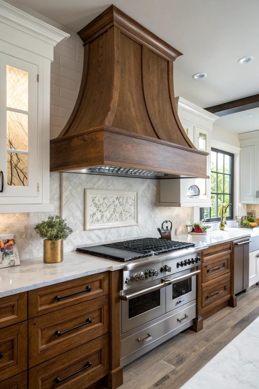 A bold wood range hood can serve as an eye-catching focal point.