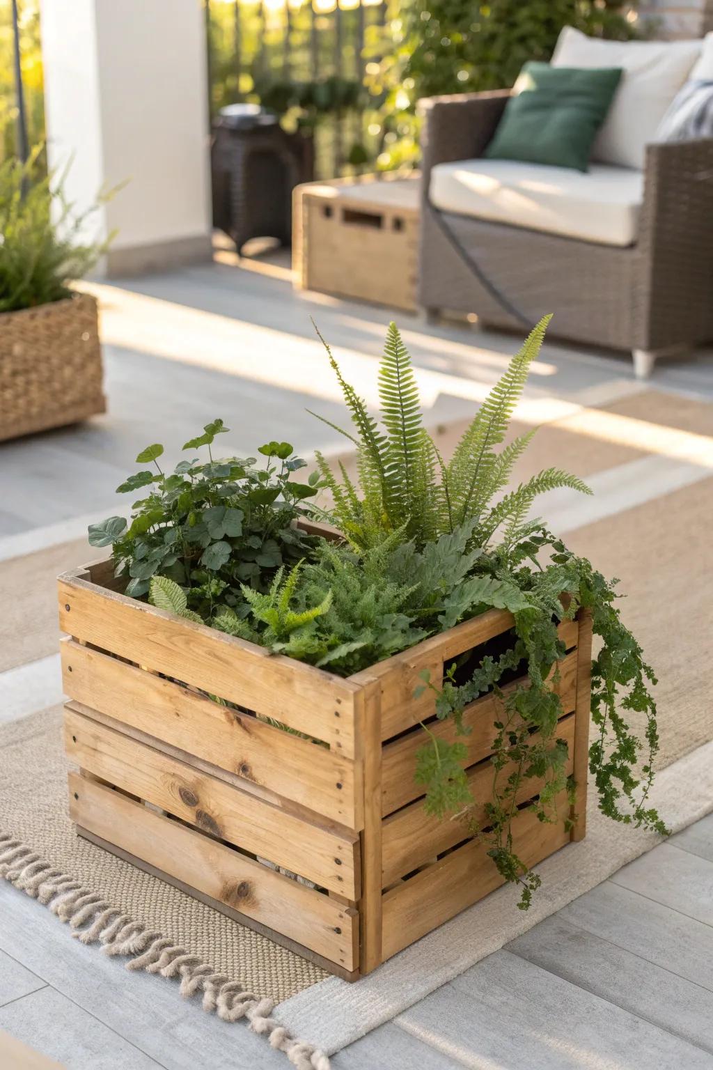 Transform your patio into a lush oasis with rustic wooden crates filled with vibrant greenery. 🌿✨