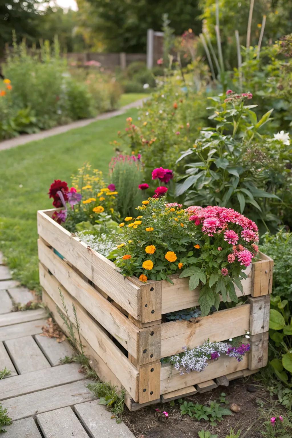 A rustic DIY pallet flower box brimming with colorful flowers.