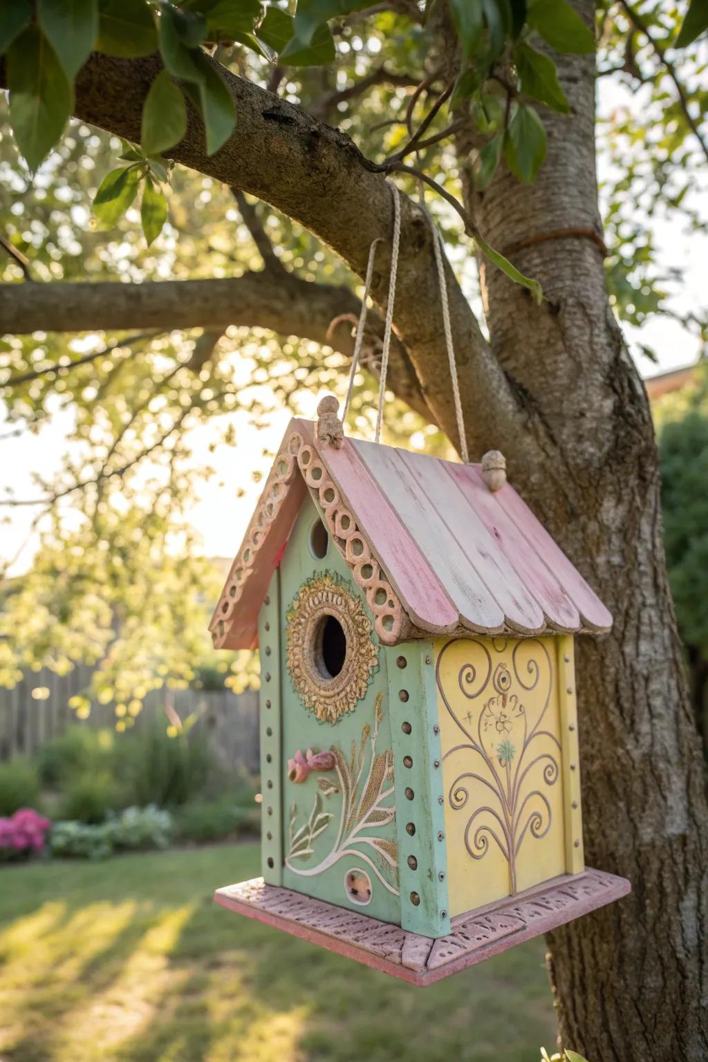 Chirp into spring with this charming wooden birdhouse, a perfect blend of boho and minimalist style for your garden.