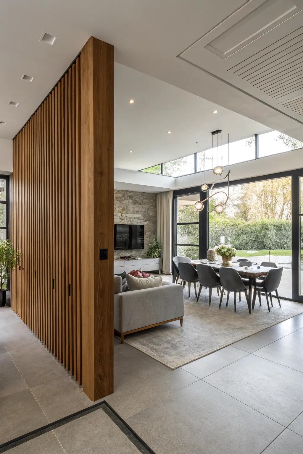 Wooden partitions elegantly define zones in an open-plan living room.