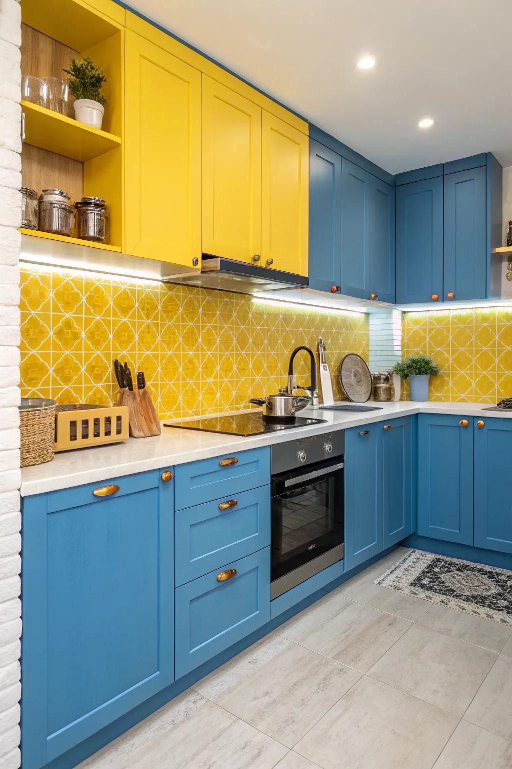 Yellow and blue create a lively and refreshing kitchen palette.