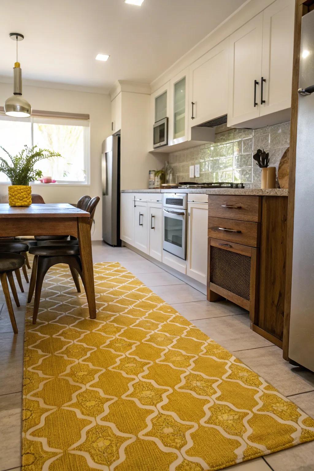 A yellow kitchen rug warms up the space and brings the room together.