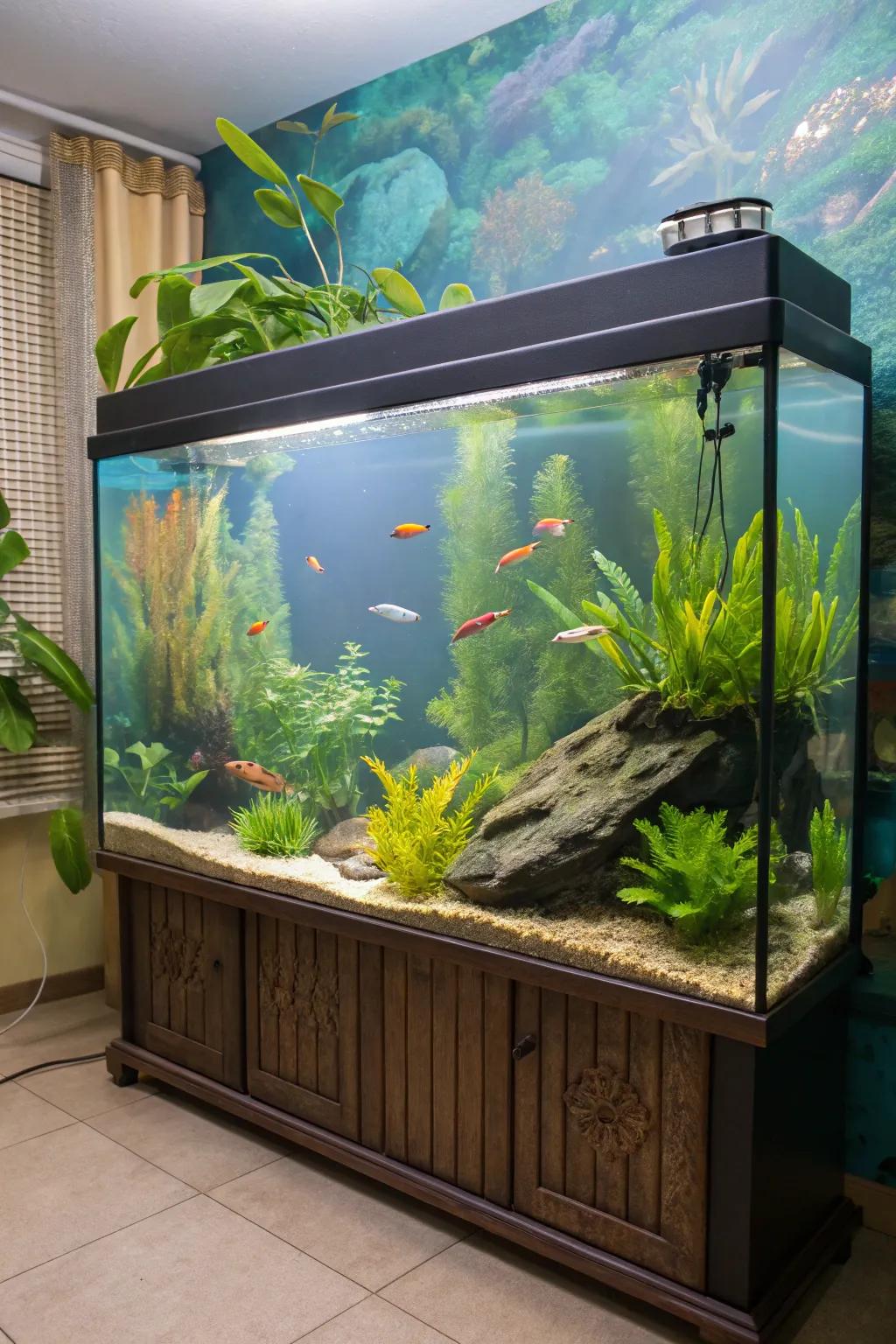 A tropical paradise aquarium bringing warmth and color into any home.