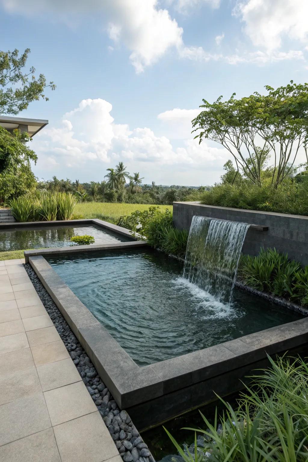 A formal geometric shape provides a modern touch to this above-ground pond.