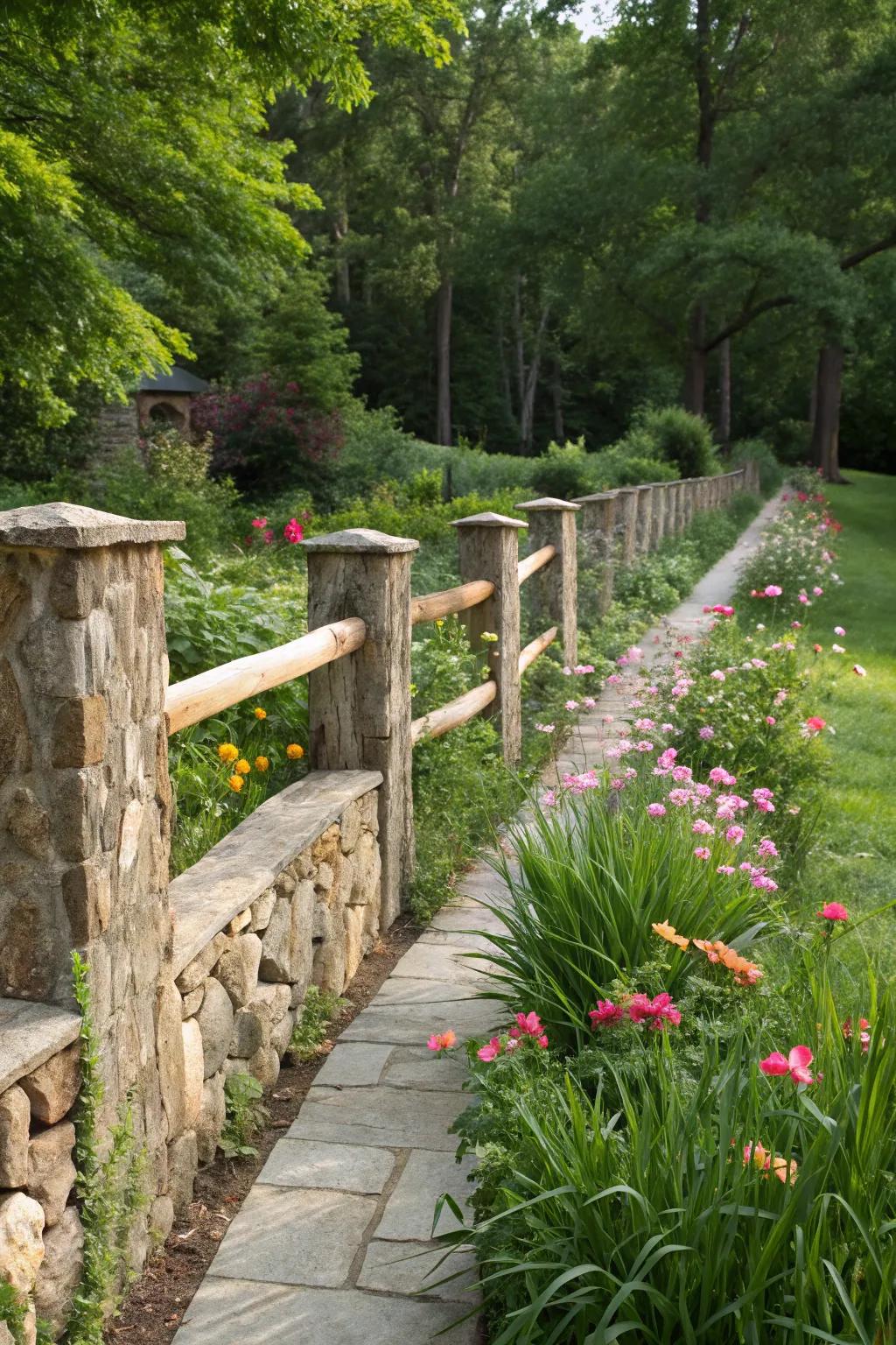 Stone and timber fences combine strength with natural beauty.