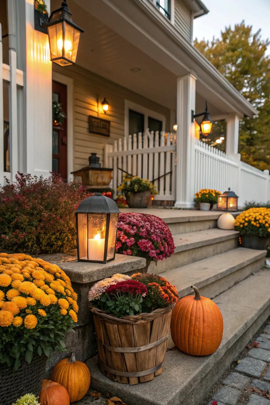 A porch adorned with vibrant seasonal decorations.
