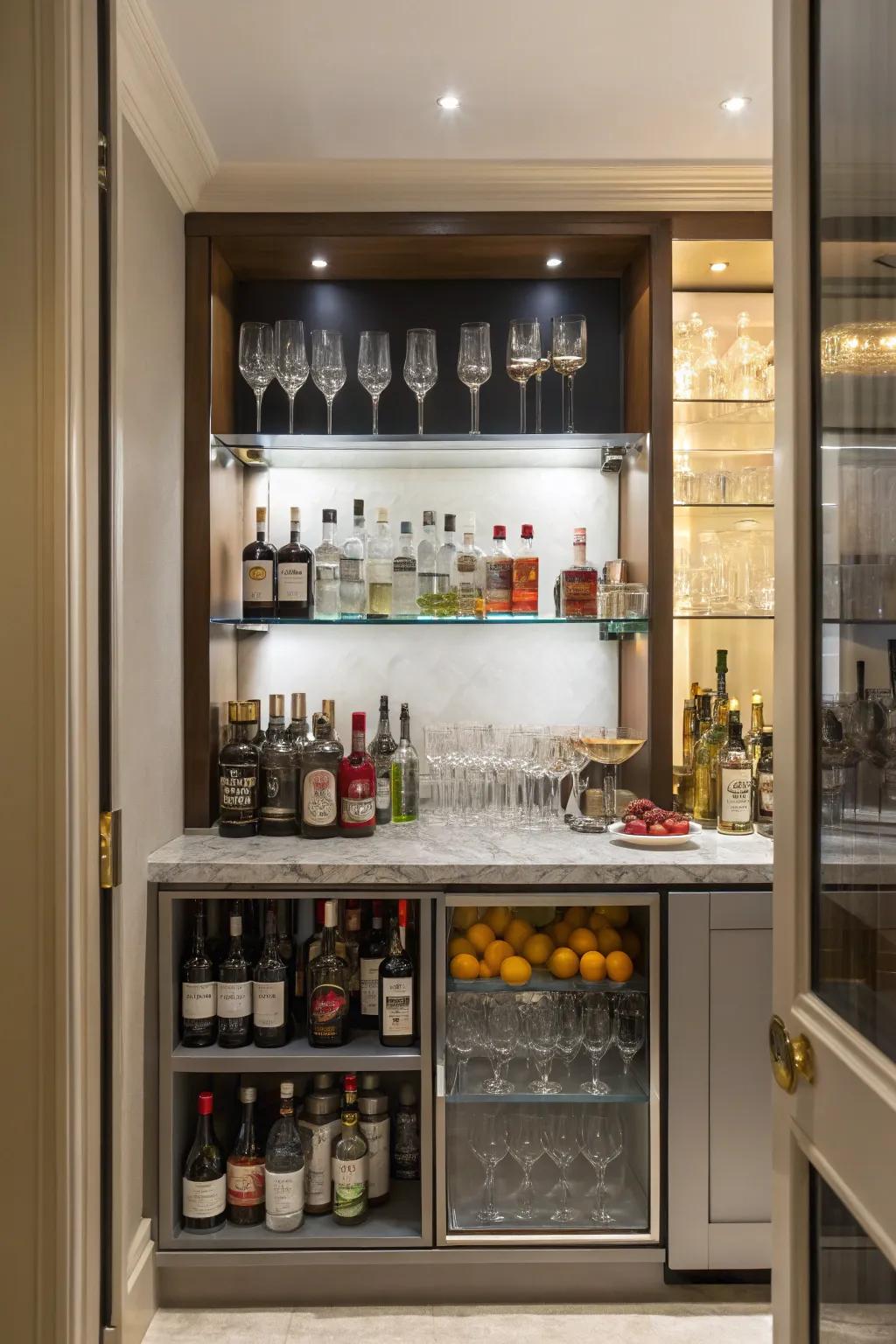 An alcove serves as a distinguished mini bar.