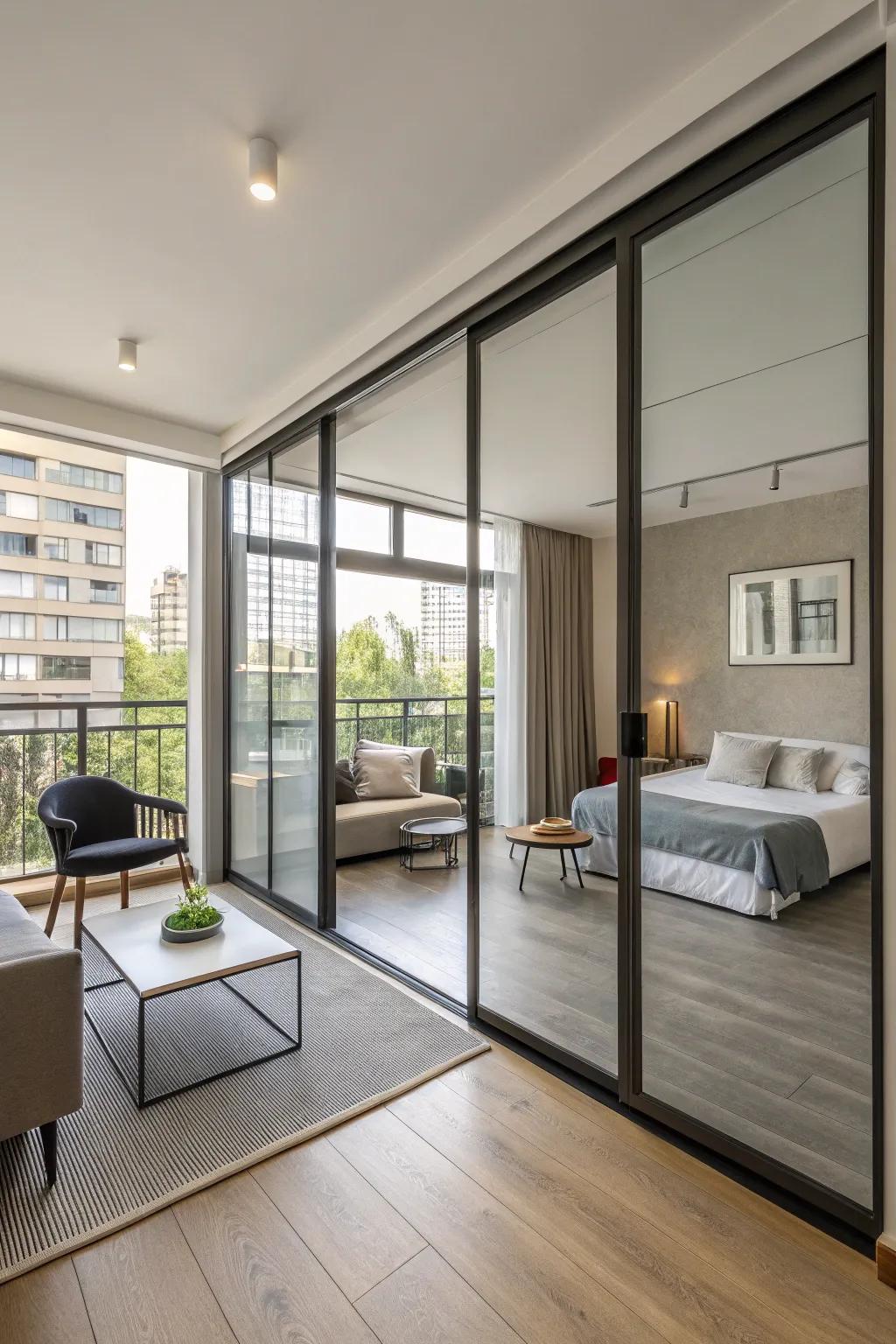 Sliding doors provide privacy while maintaining the openness of the space.