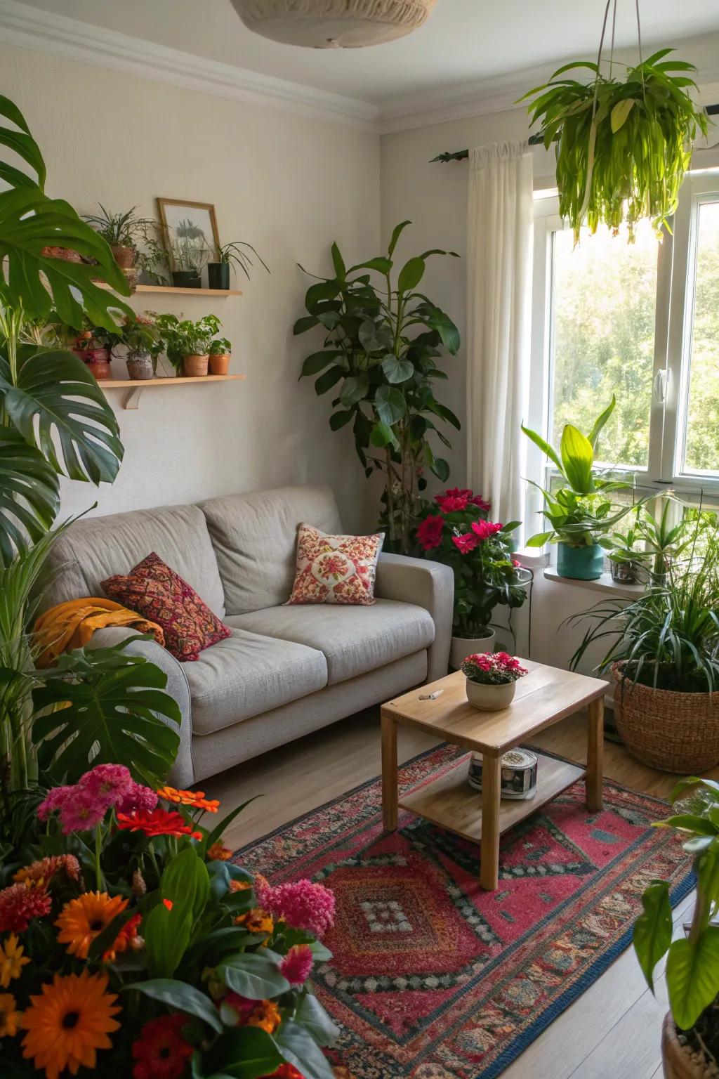 Houseplants inject a breath of life and freshness into this intimate living space.