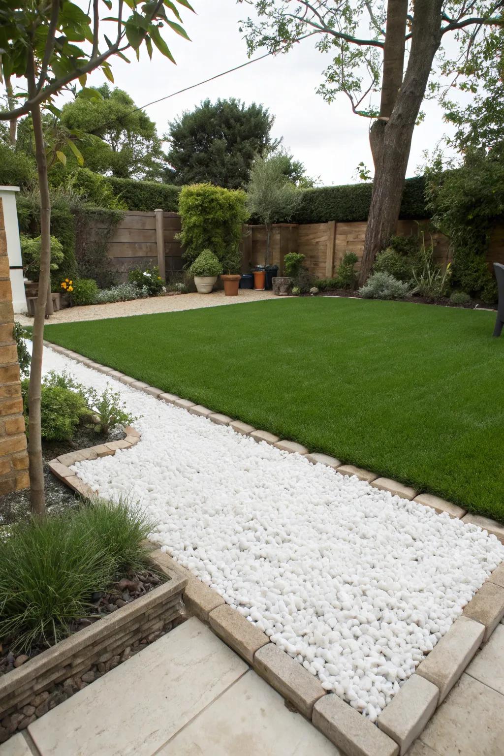 White gravel offers a striking contrast to green grass.