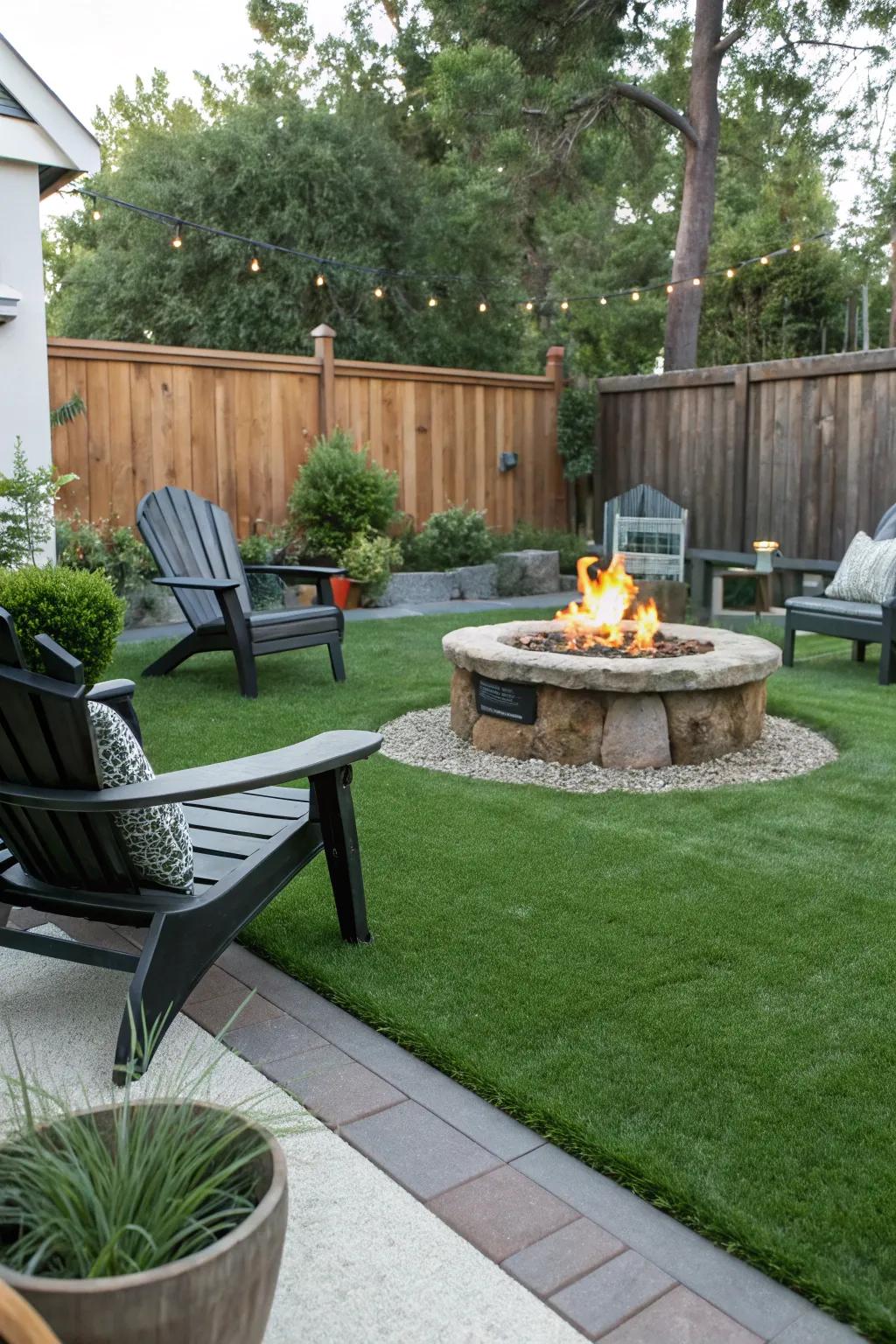 Gather around a cozy fire pit with luxurious synthetic turf beneath your feet.