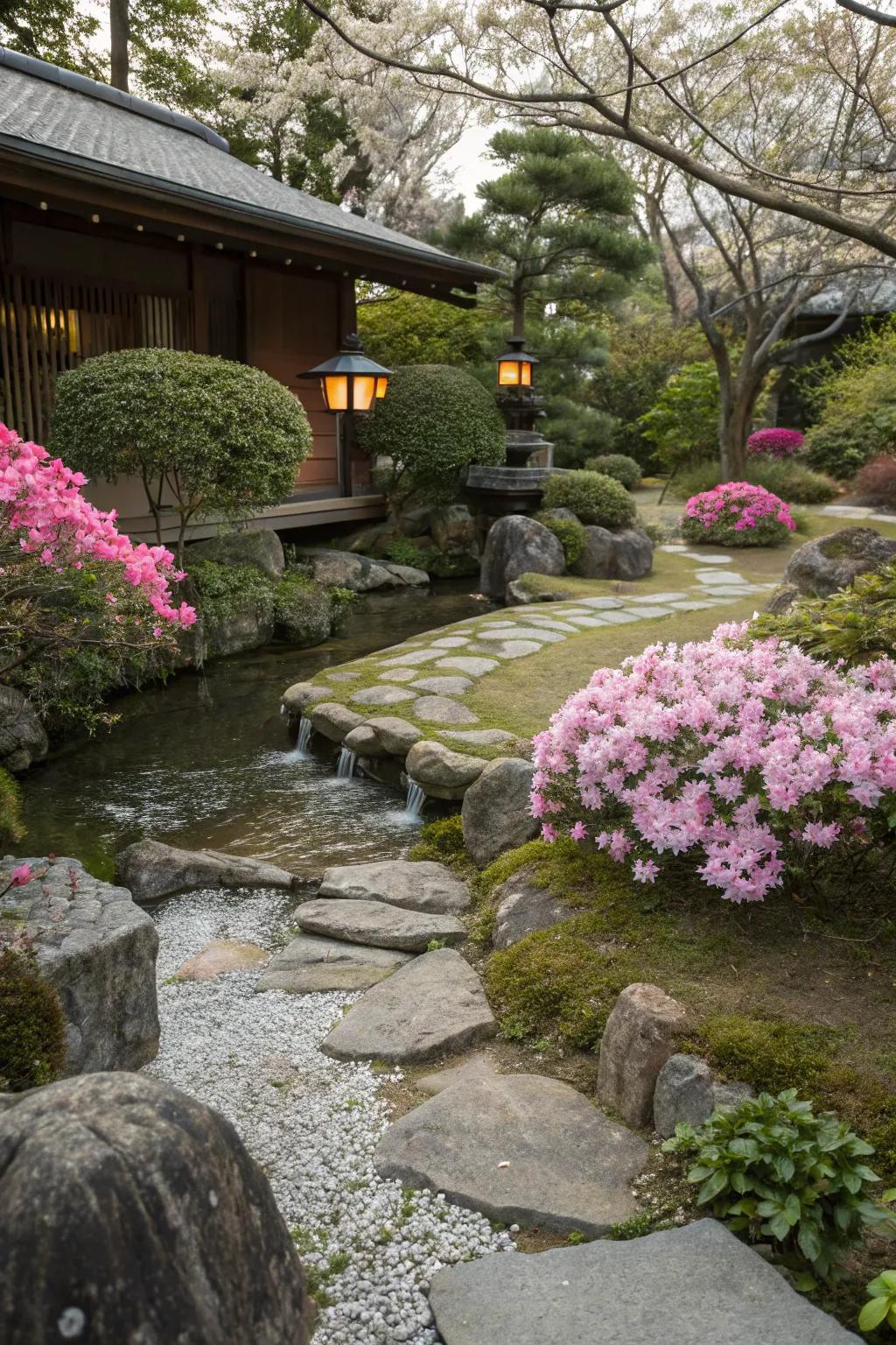 A tranquil Zen garden featuring azaleas and calming elements.